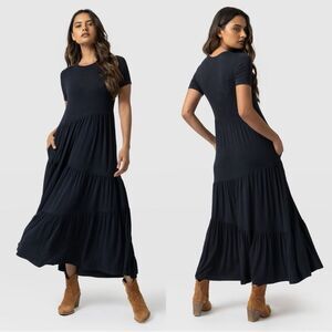 NWOT Saint+Sofia Greenwich Asymmetric Short Sleeve Maxi Dress Flowy Navy